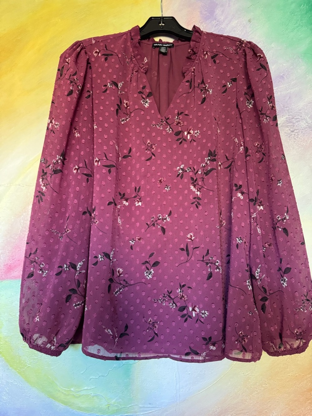 Hilary Radley Burgundy Printed Ruffled Blouse. Size: S MSRP: $79